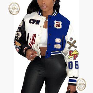 Faux Leather Varsity Jacket with Patches Print Cropped Bomber